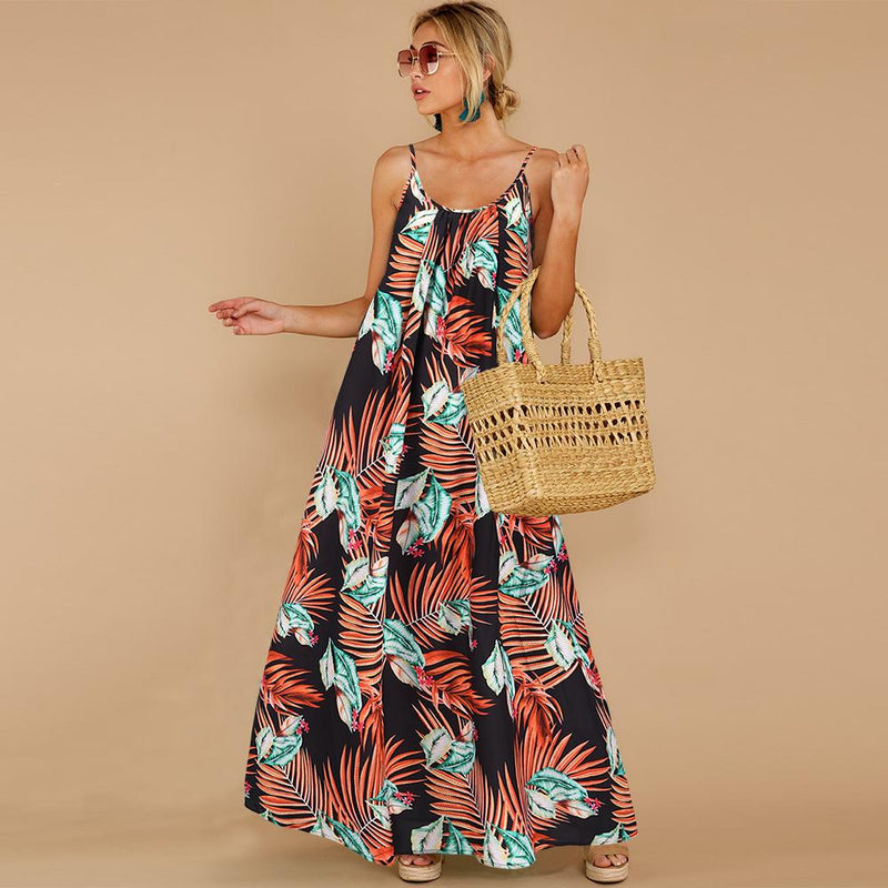 Robe Longue Sans Manches à Fines Bretelles Imprimé Floral