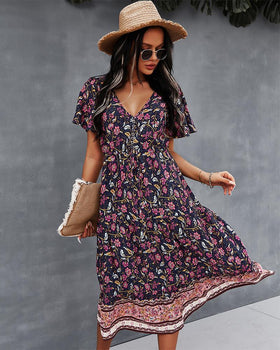 Robe Midi Floral Manches Courtes et Col en V