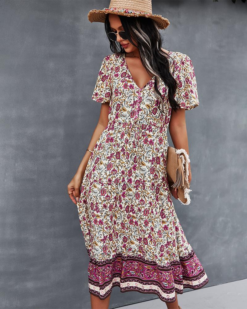 Robe Midi Floral Manches Courtes et Col en V