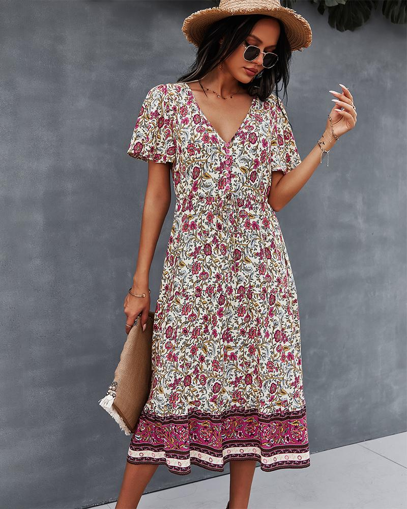 Robe Midi Floral Manches Courtes et Col en V