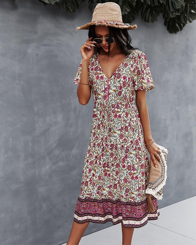 Robe Midi Floral Manches Courtes et Col en V