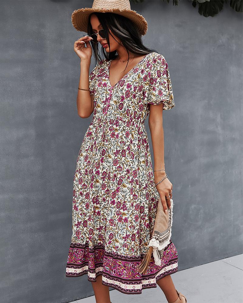 Robe Midi Floral Manches Courtes et Col en V