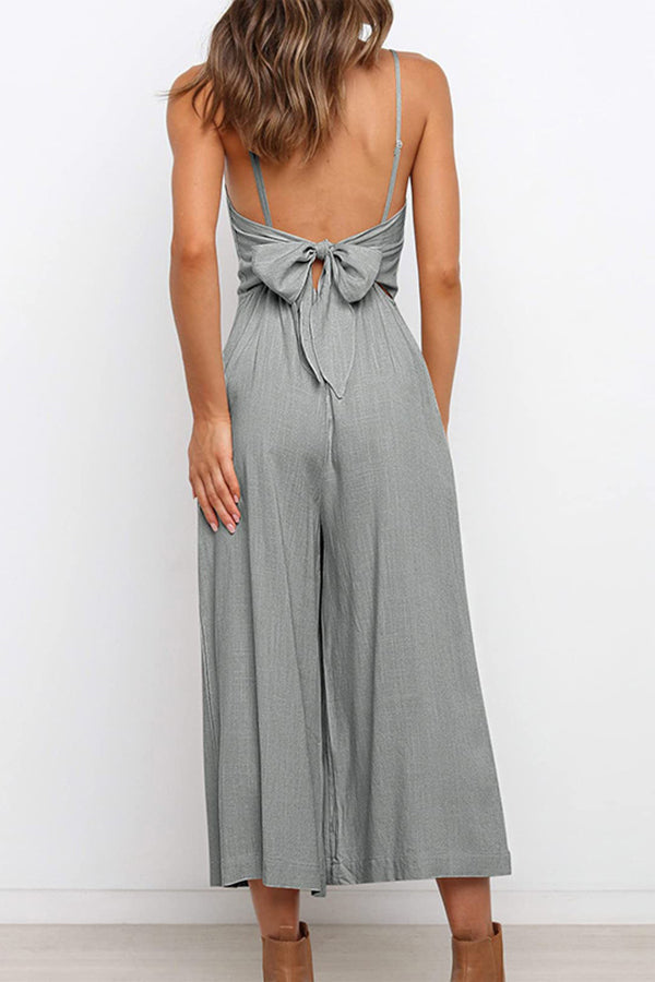 Solid Tie Backless Cropped Jumpsuits