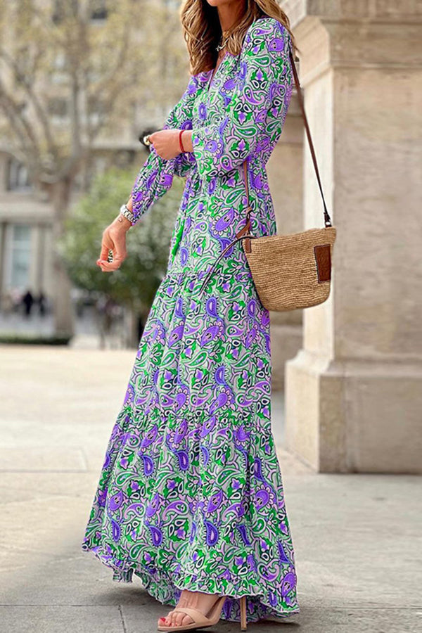 Boho Paisley V Neck Long Sleeve Maxi Dress