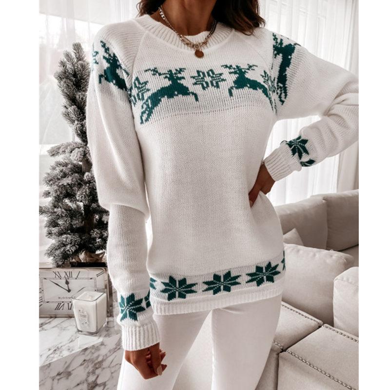 Pull en Maille à Col Rond et Imprimé Noël