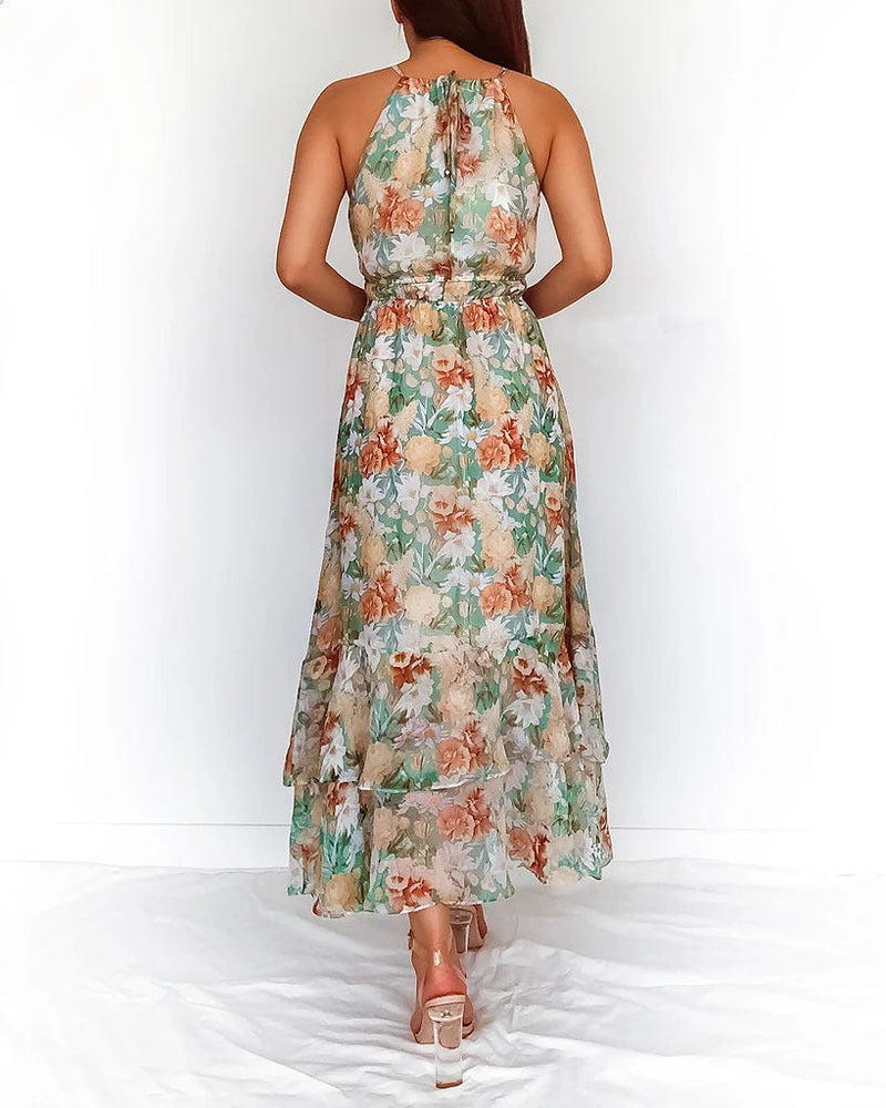 Longue Robe Imprimée Floral Col Rond Sans Manches