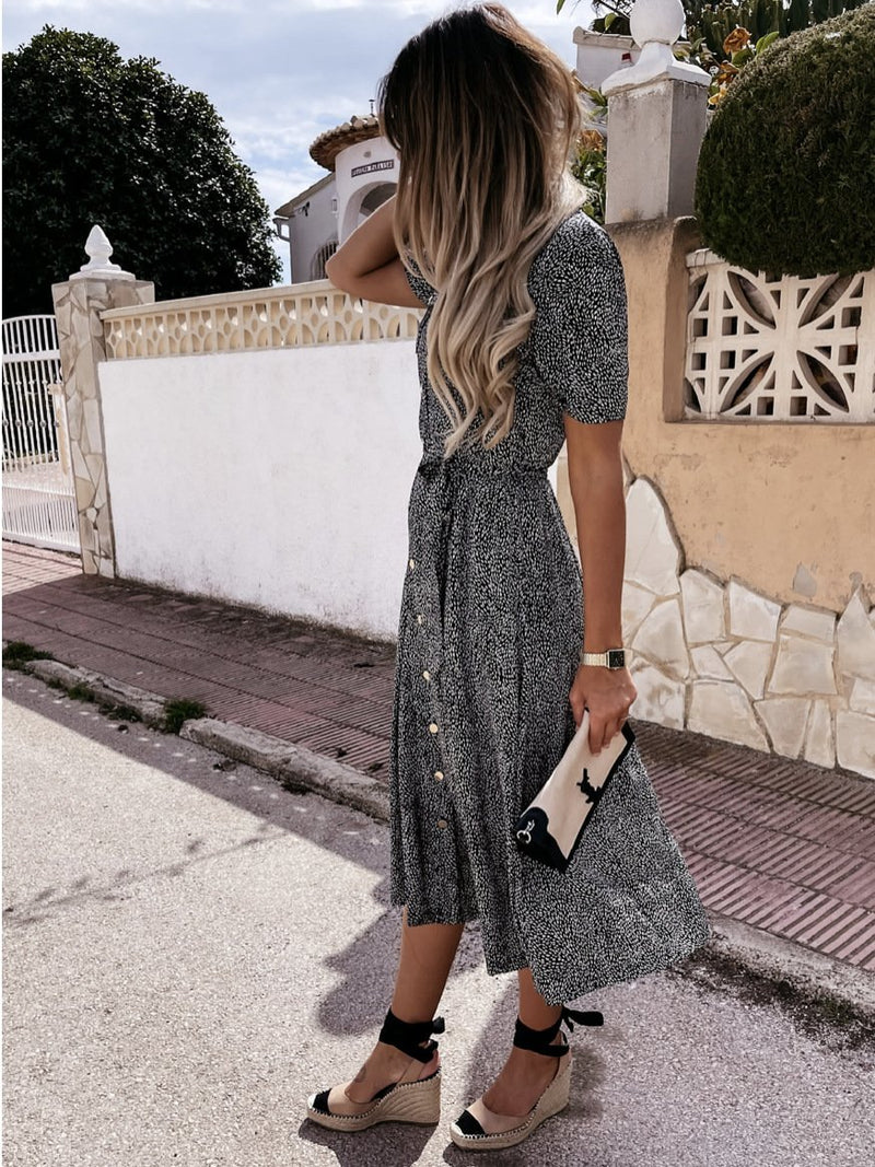 Robe Midi avec Col et Poche Avant Boutonné Nouer