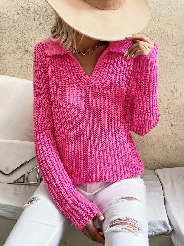 Pull Tricot Col V Longue Manche de Couleur Unie