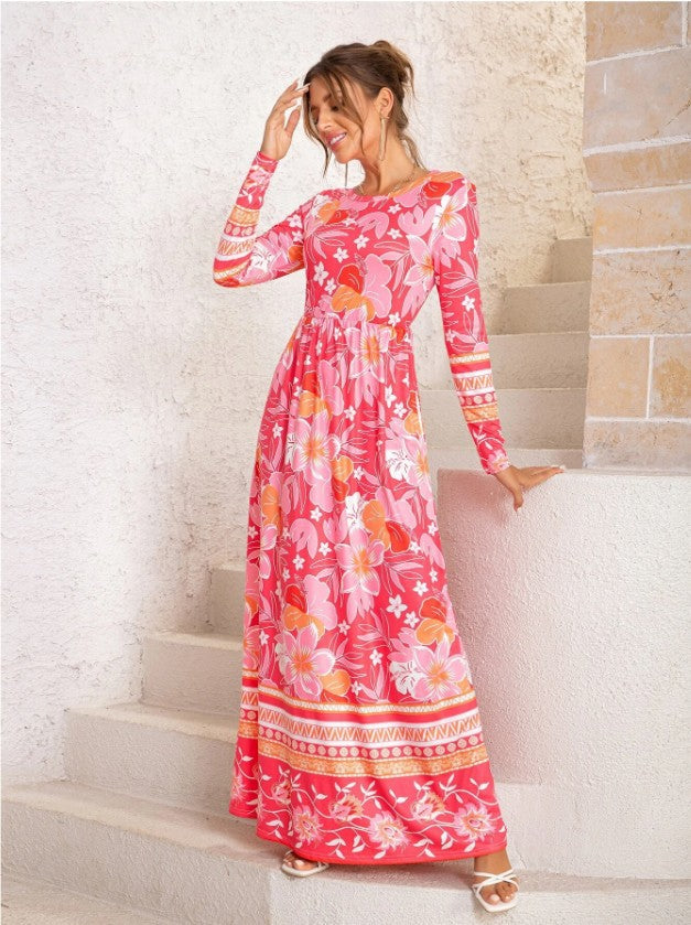 Robe Maxi Col Rond Manches Longues à Imprimé Floral