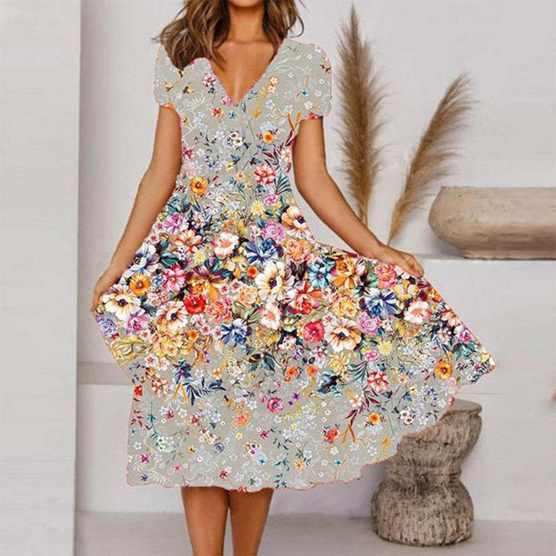 Robe Mi-longue Evasée Imprimé Floral Manches Courtes Col V