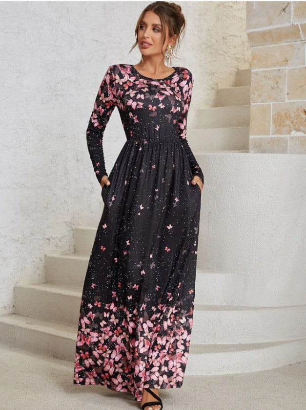 Robe Maxi Col Rond Manches Longues à Imprimé Floral