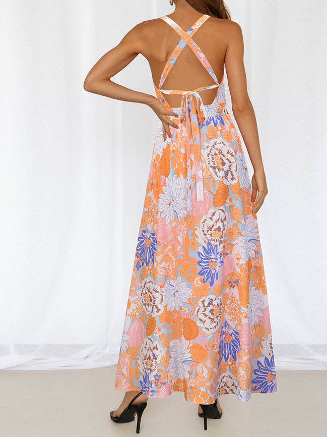 Robe Maxi Florale Sans Manches Col Halter Dos Croisé