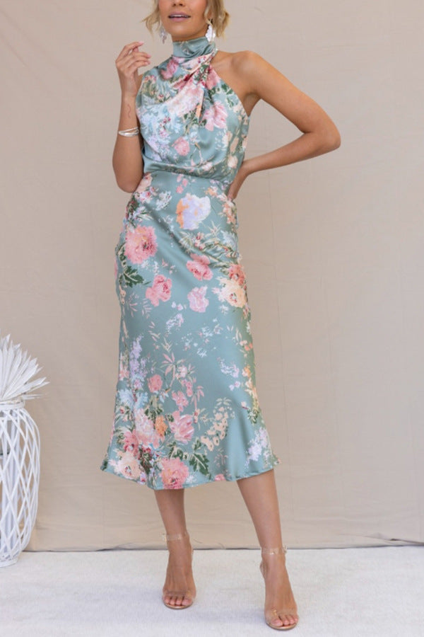 Robe Mi-Longue Imprimée Floral Taille Haute Sans Manches Col Roulé