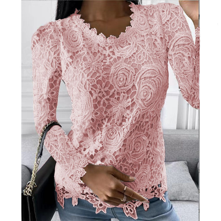 Elegant Long Sleeve O-Neck Floral Print Lace Blouse