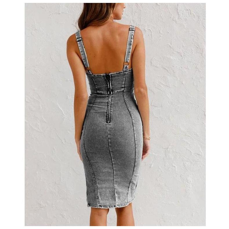 Robe Midi Moulante en Jean Sans Manches Fendue sur le Côté