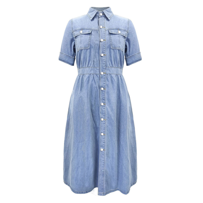 Robe Chemise en Jean Boutonnée Col Rabattu Courtes Manches