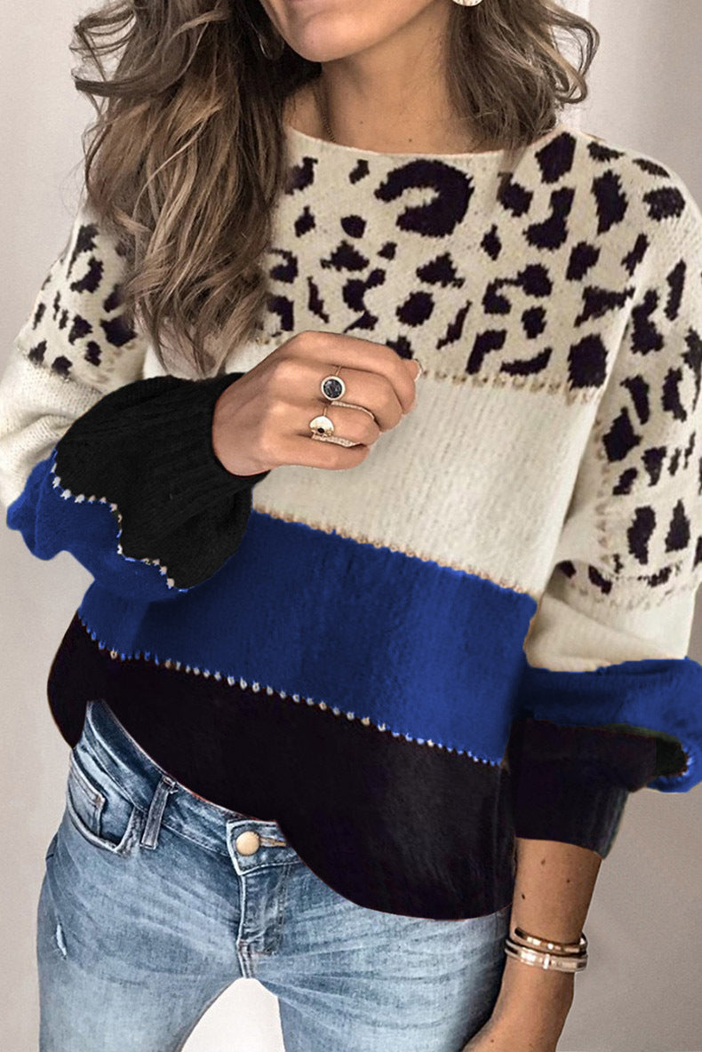 Round Neck Long Sleeve Cheetah Printed Loose Sweatshirt