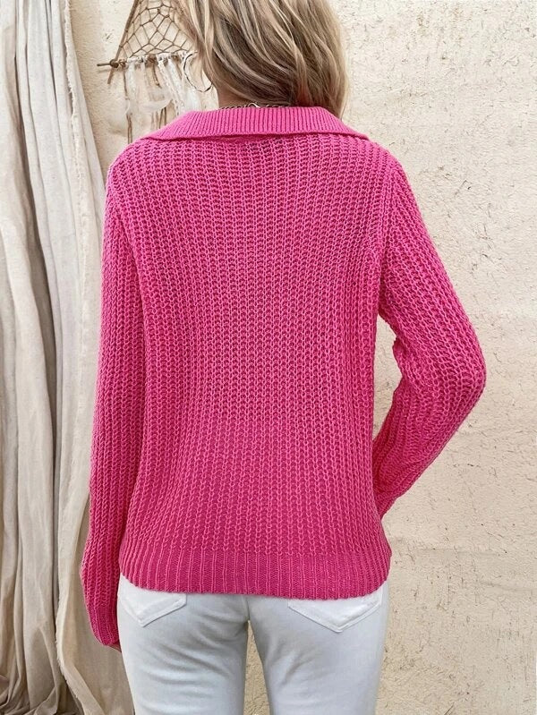 Pull Tricot Col V Longue Manche de Couleur Unie