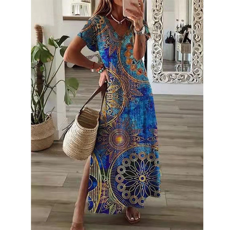 Short Sleeve Side Slit Printed Loose Maxi Dress