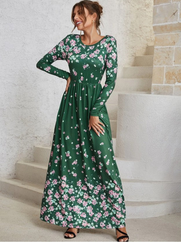 Robe Maxi Col Rond Manches Longues à Imprimé Floral