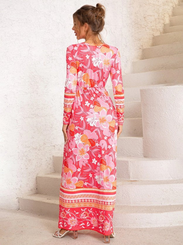 Robe Maxi Col Rond Manches Longues à Imprimé Floral