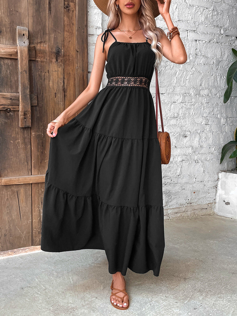 Robe Maxi Evasée Sans Manches Col Carrée Bretelles