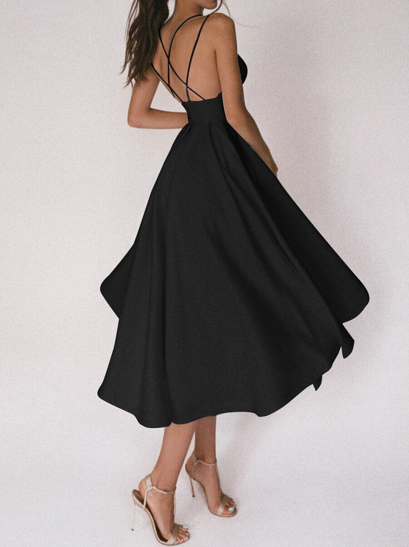 Robe Midi Evasée Unie Bretelles Spaghetti Col en V