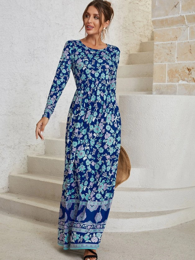 Robe Maxi Col Rond Manches Longues à Imprimé Floral