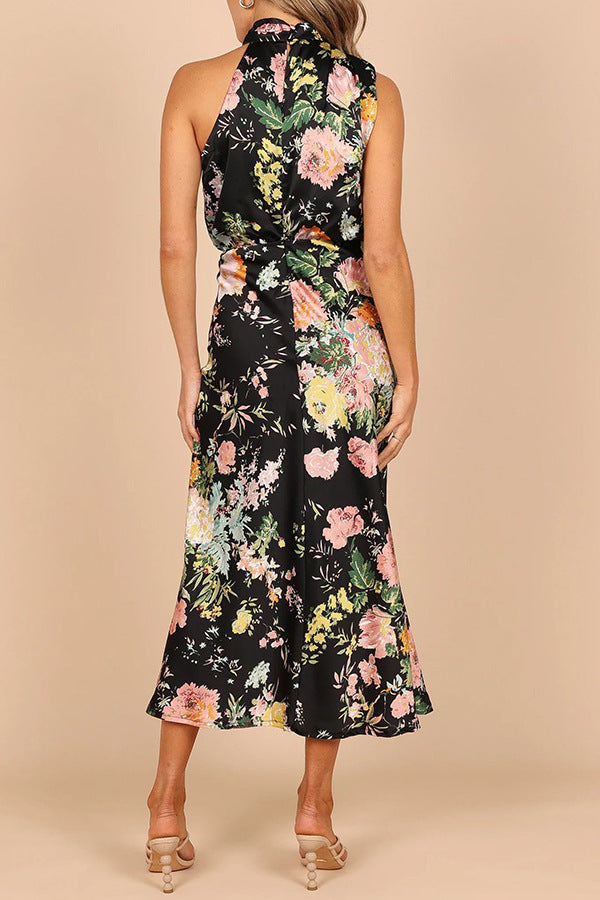 Robe Mi-Longue Imprimée Floral Taille Haute Sans Manches Col Roulé