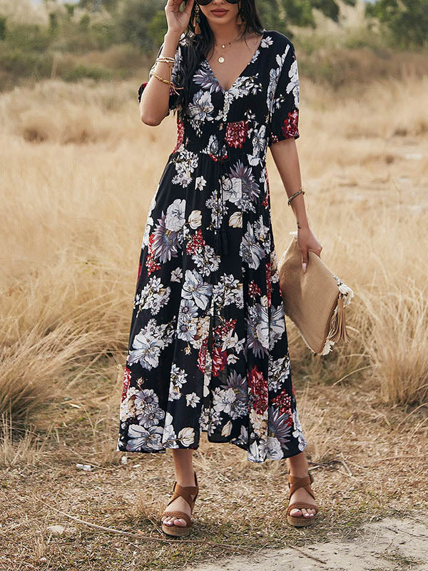 Robe Longue Manches Courtes et Col en V Floral