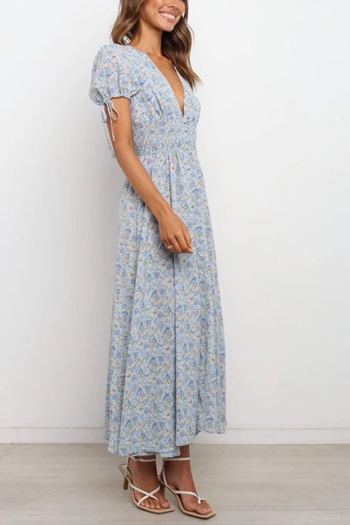 Robe Maxi Taille Froncée Col en V