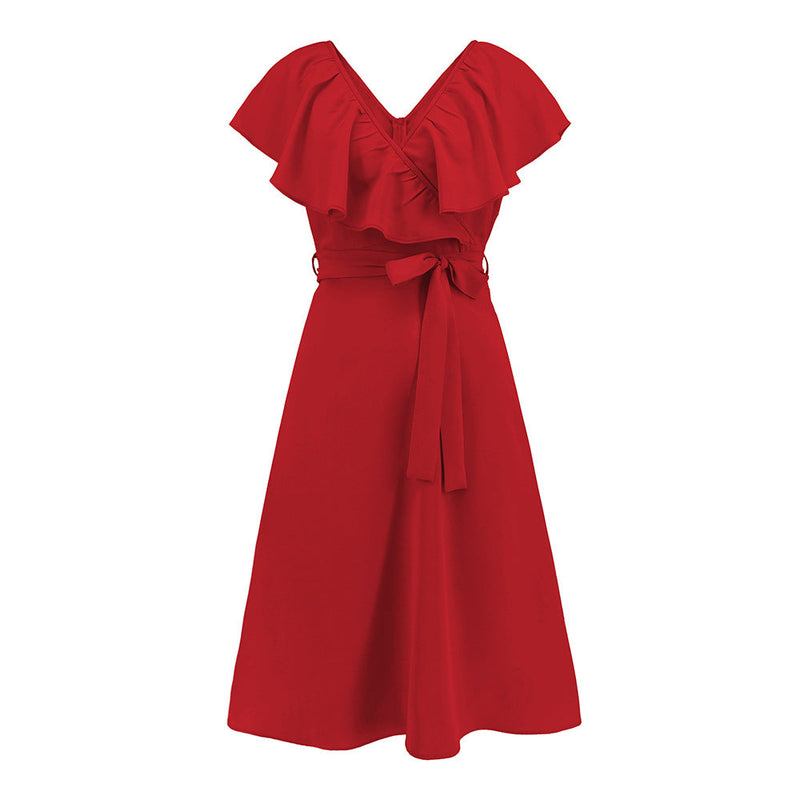 V-Neck Short Sleeve Belted Solid Flared Midi Dress