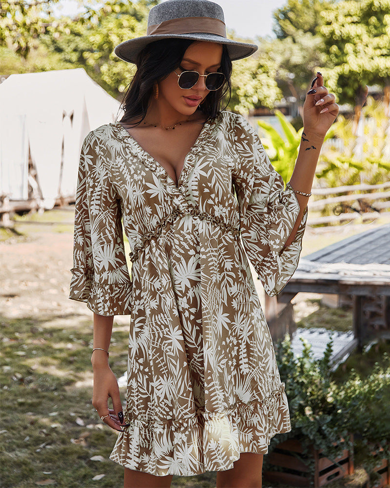 Robe Floral Manches Courtes en Col V Profond