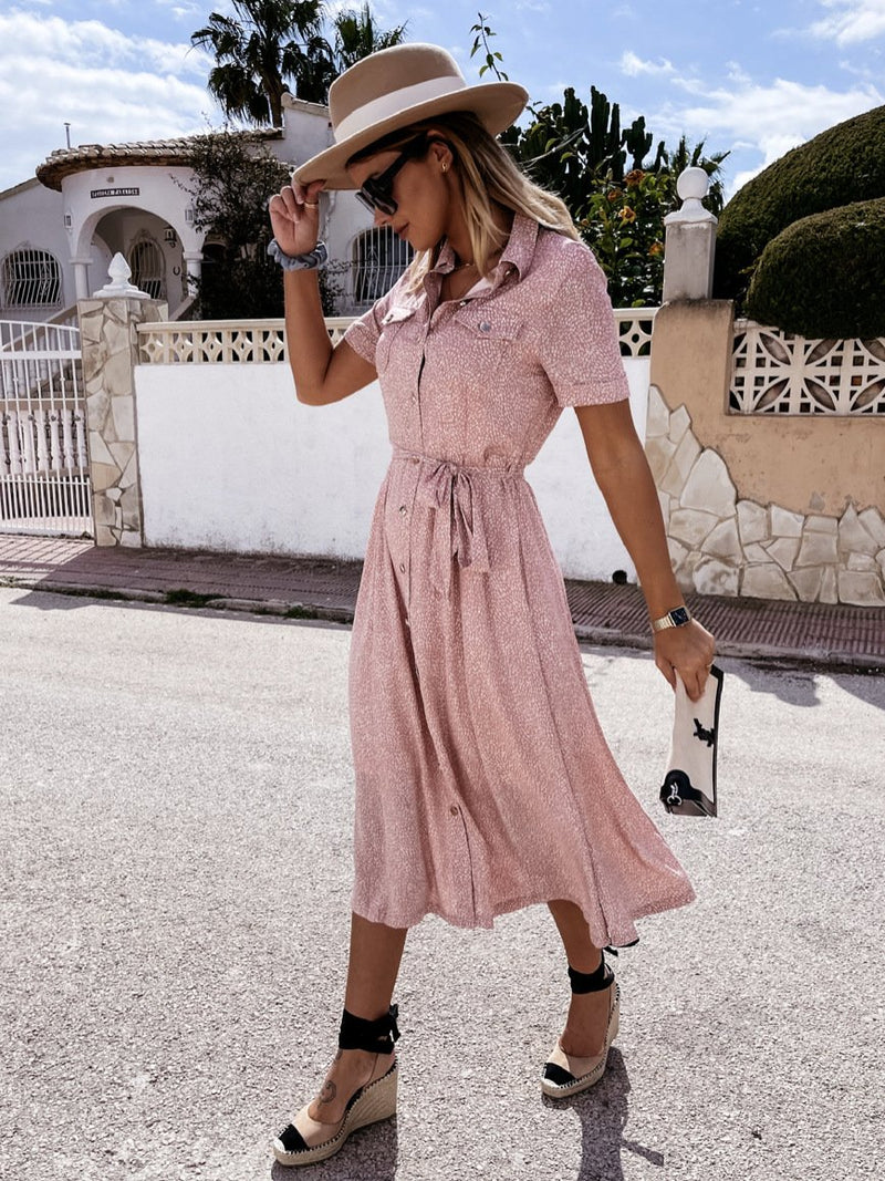 Robe Midi avec Col et Poche Avant Boutonné Nouer