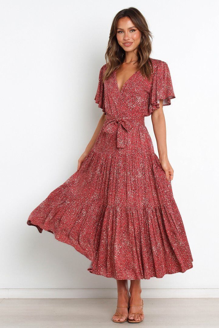 Robe Longue Floral Manches Courtes Col V