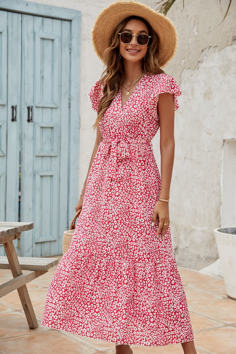 Robe Midi Imprimée Manches Courtes Volants Col V