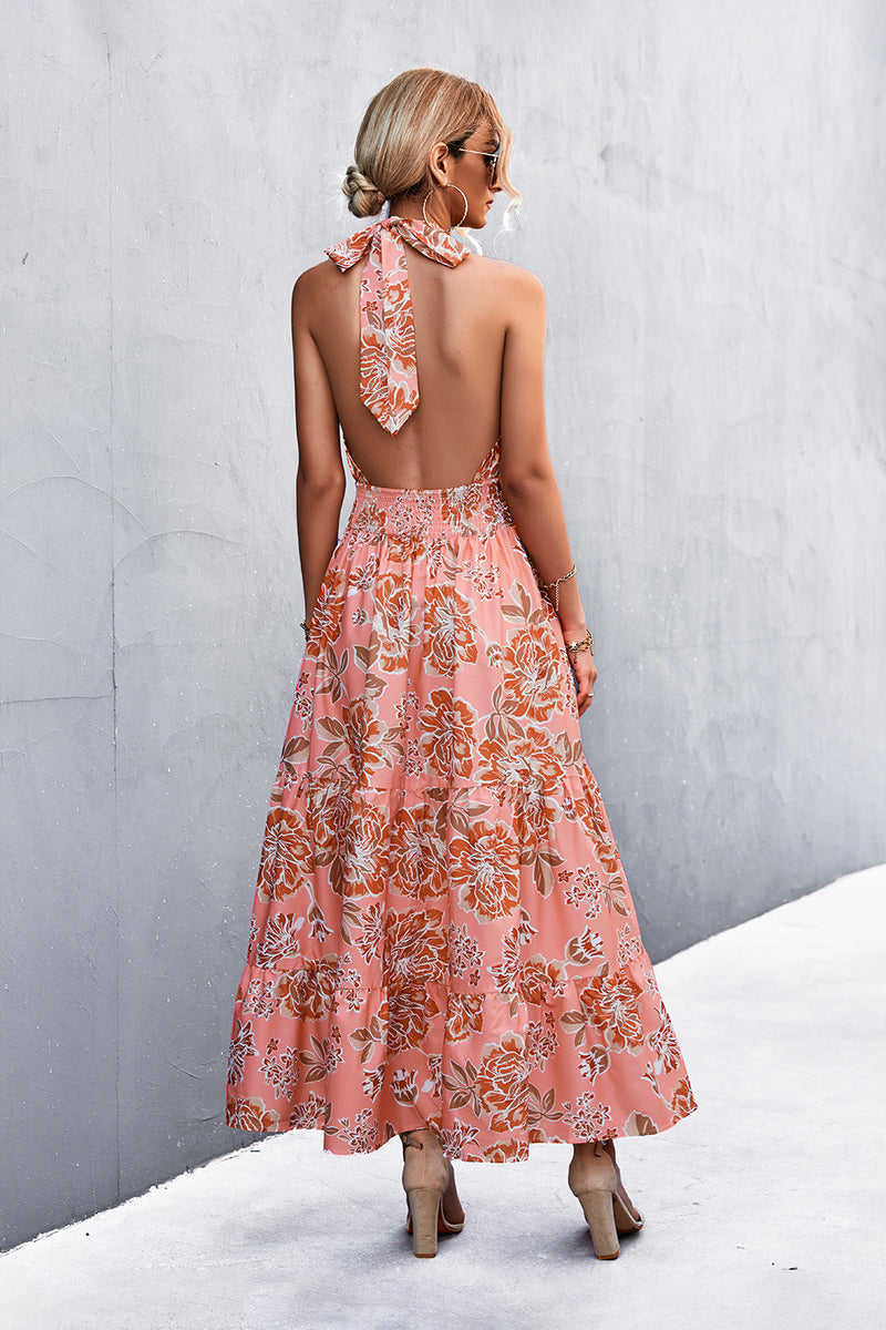 Robe Longue Sans Manches Floral et Col Licou