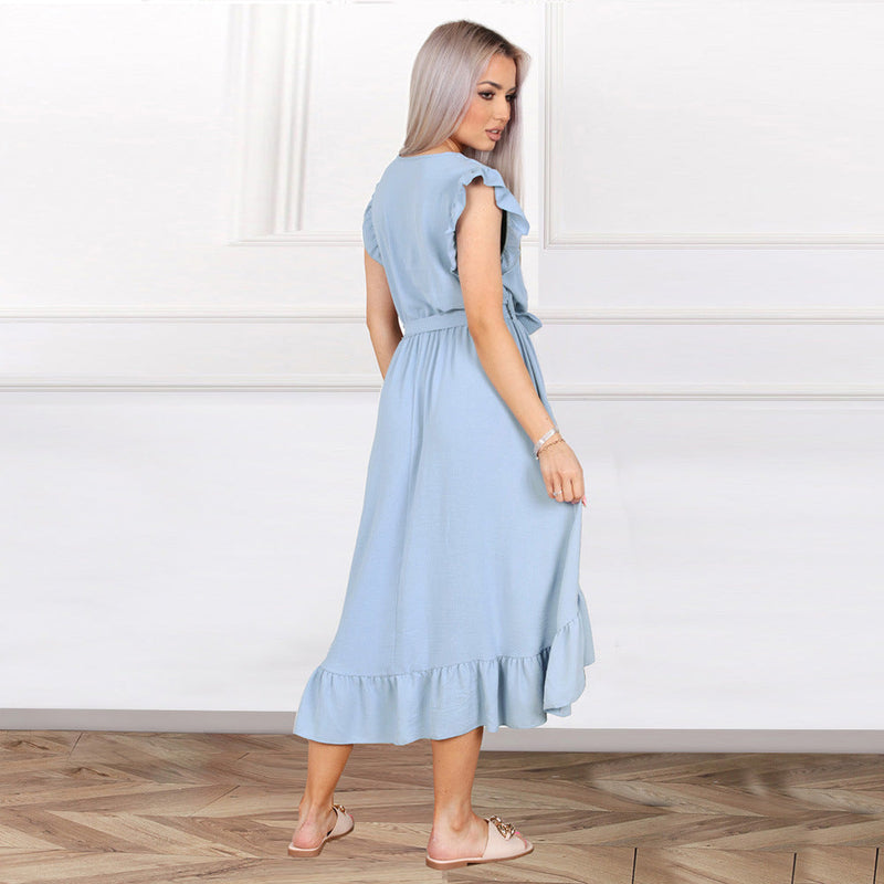 Robe Maxi Portefeuille Manches Volantées Col en V