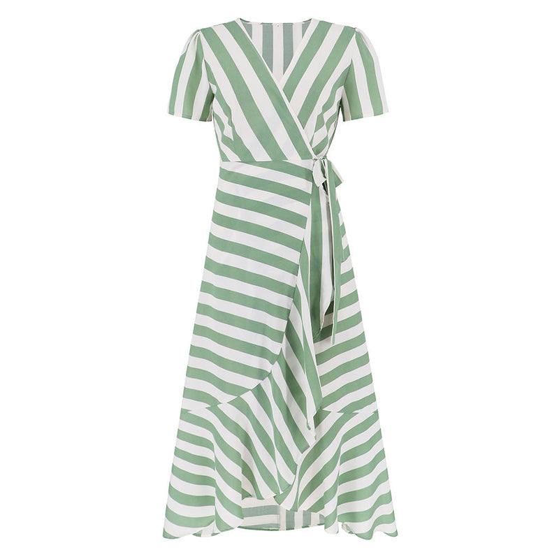 Fashion V-Neck Short Sleeve Striped Loose Maxi Dress