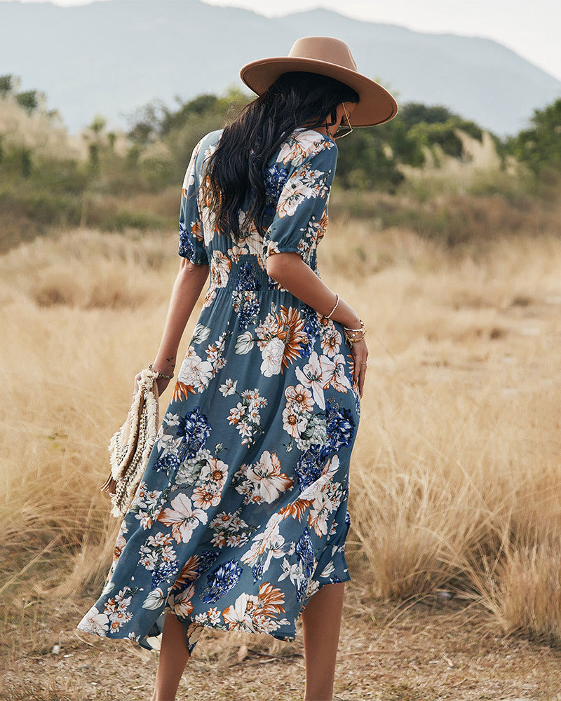 Robe Longue Manches Courtes et Col en V Floral