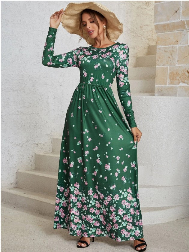 Robe Maxi Col Rond Manches Longues à Imprimé Floral