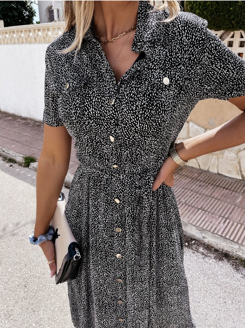 Robe Midi avec Col et Poche Avant Boutonné Nouer