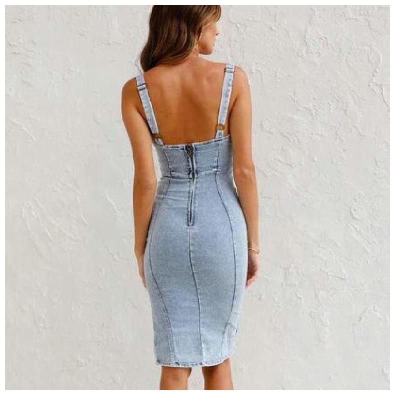 Robe Midi Moulante en Jean Sans Manches Fendue sur le Côté