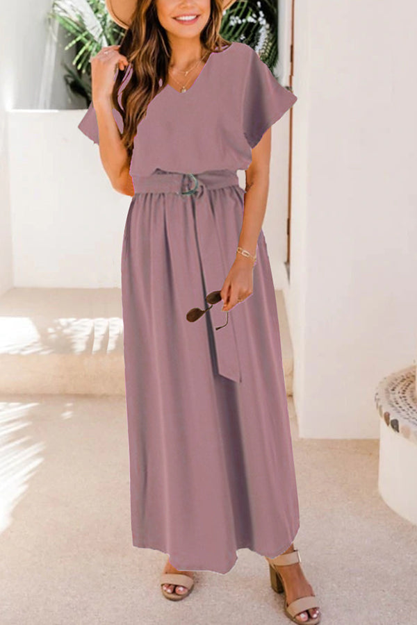 V Neck Belted Maxi Dress