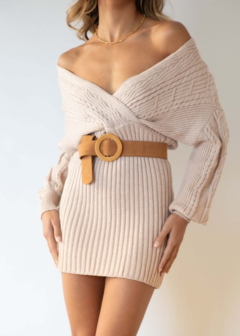 Cross V Neck Long Sleeve Knitted Sweater Dress