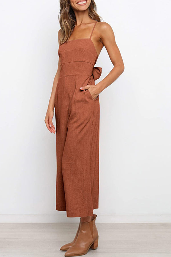 Solid Tie Backless Cropped Jumpsuits