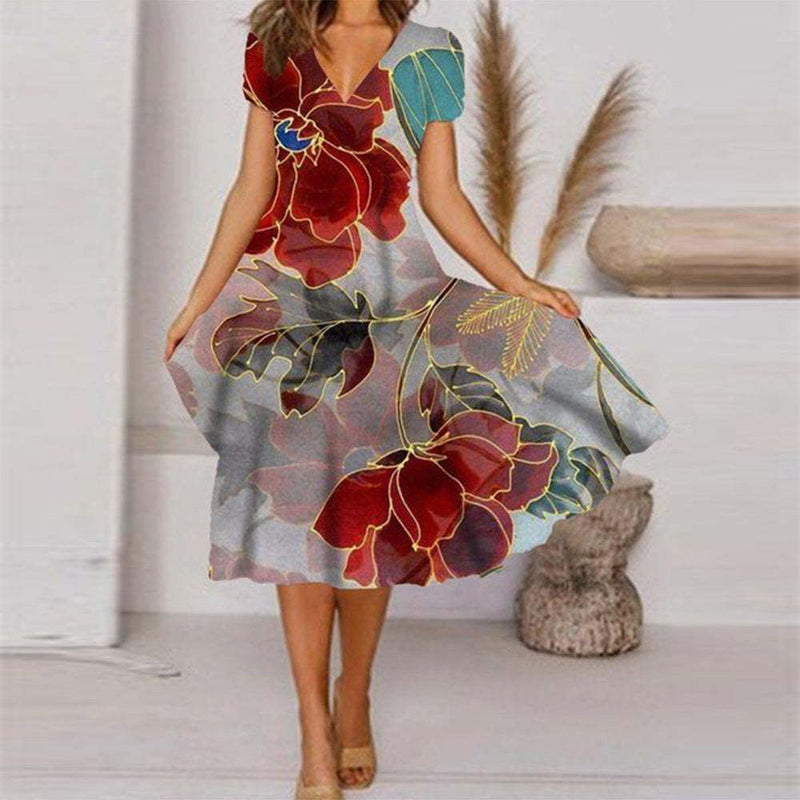 Robe Mi-longue Evasée Imprimé Floral Manches Courtes Col V