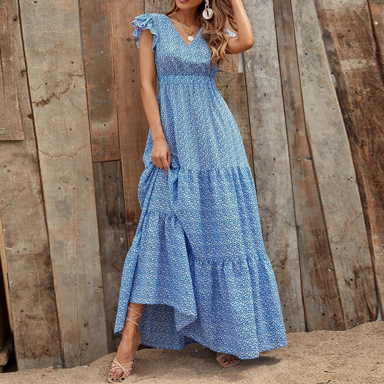 Ruffle Sleeve High Waist V Neck Maxi Dress