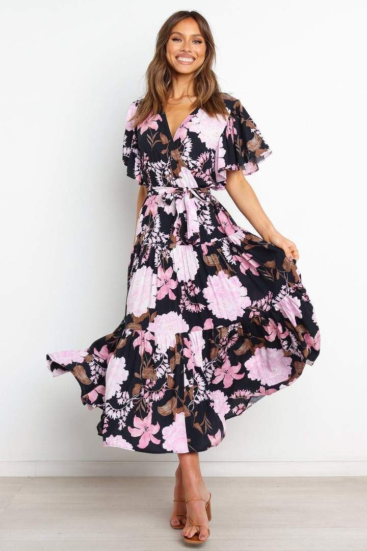 Robe Longue Floral Manches Courtes Col V