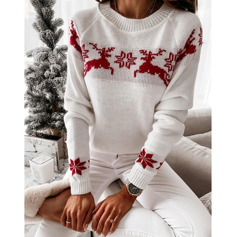 Pull en Maille à Col Rond et Imprimé Noël